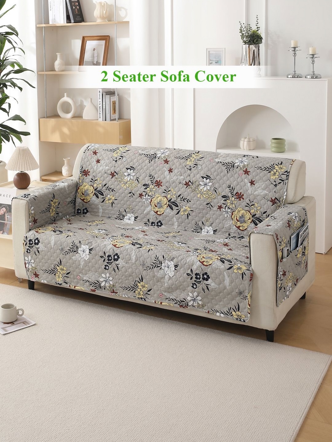

HOKIPO Grey & White 2 seater Printed Polyester Sofa Cover with Arms