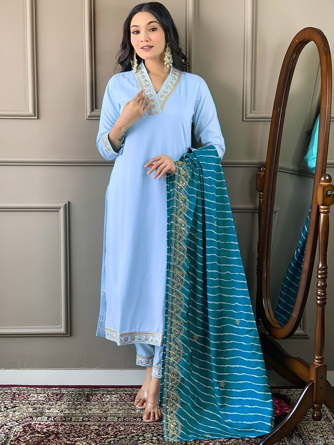 

Moda Rapido Women Embroidered Regular Kurta with Trousers & With Dupatta, Blue