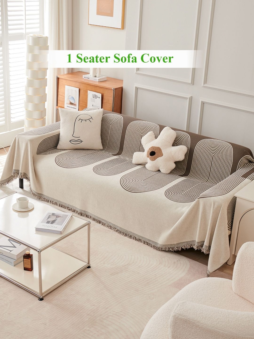 

HOKIPO Coffee Brown & Cream-Coloured Printed Chenille 1 Seater Sofa Throw