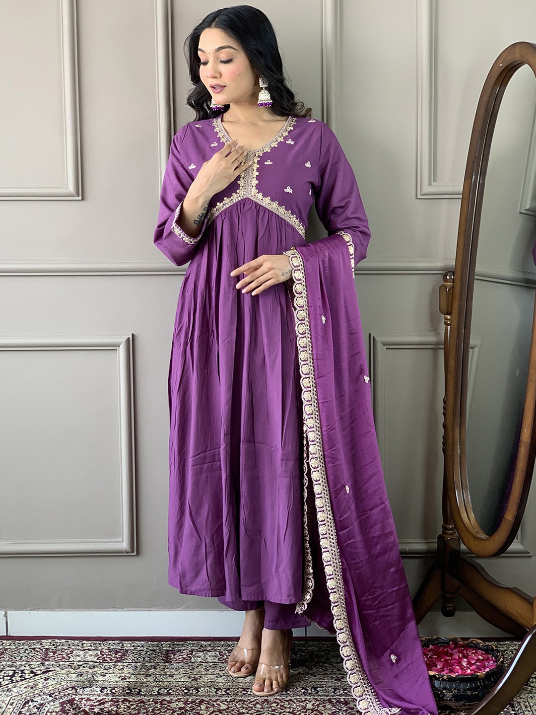 

Moda Rapido Women Ethnic Motifs Embroidered Regular Thread Work Kurta with Trousers & With Dupatta, Purple