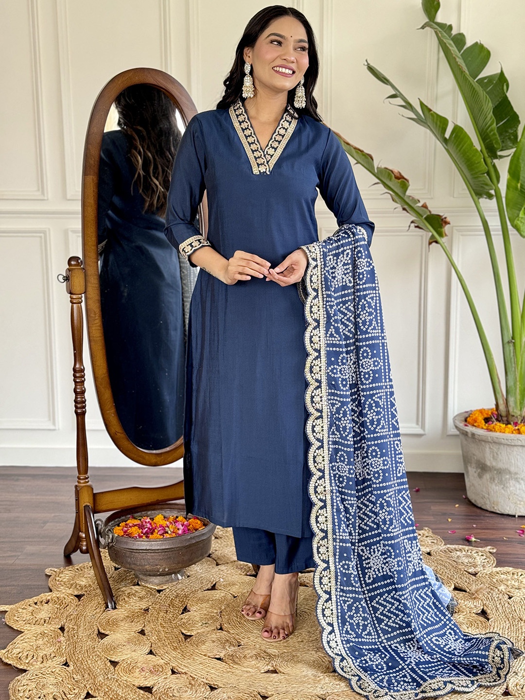 

Moda Rapido Women Embroidered Regular Kurta with Trousers & With Dupatta, Navy blue