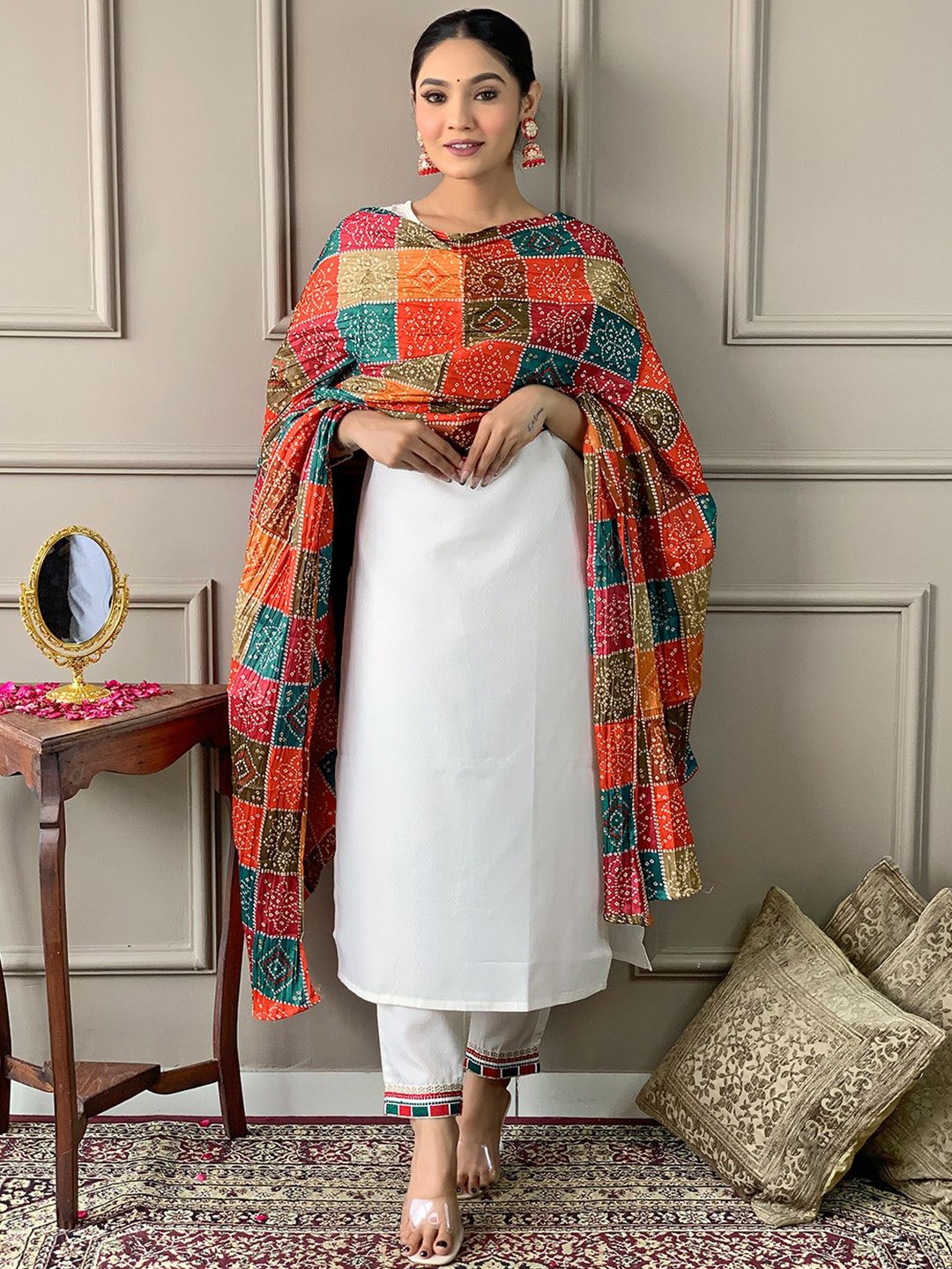 

Moda Rapido Women Embroidered Regular Kurta with Trousers & With Dupatta, White