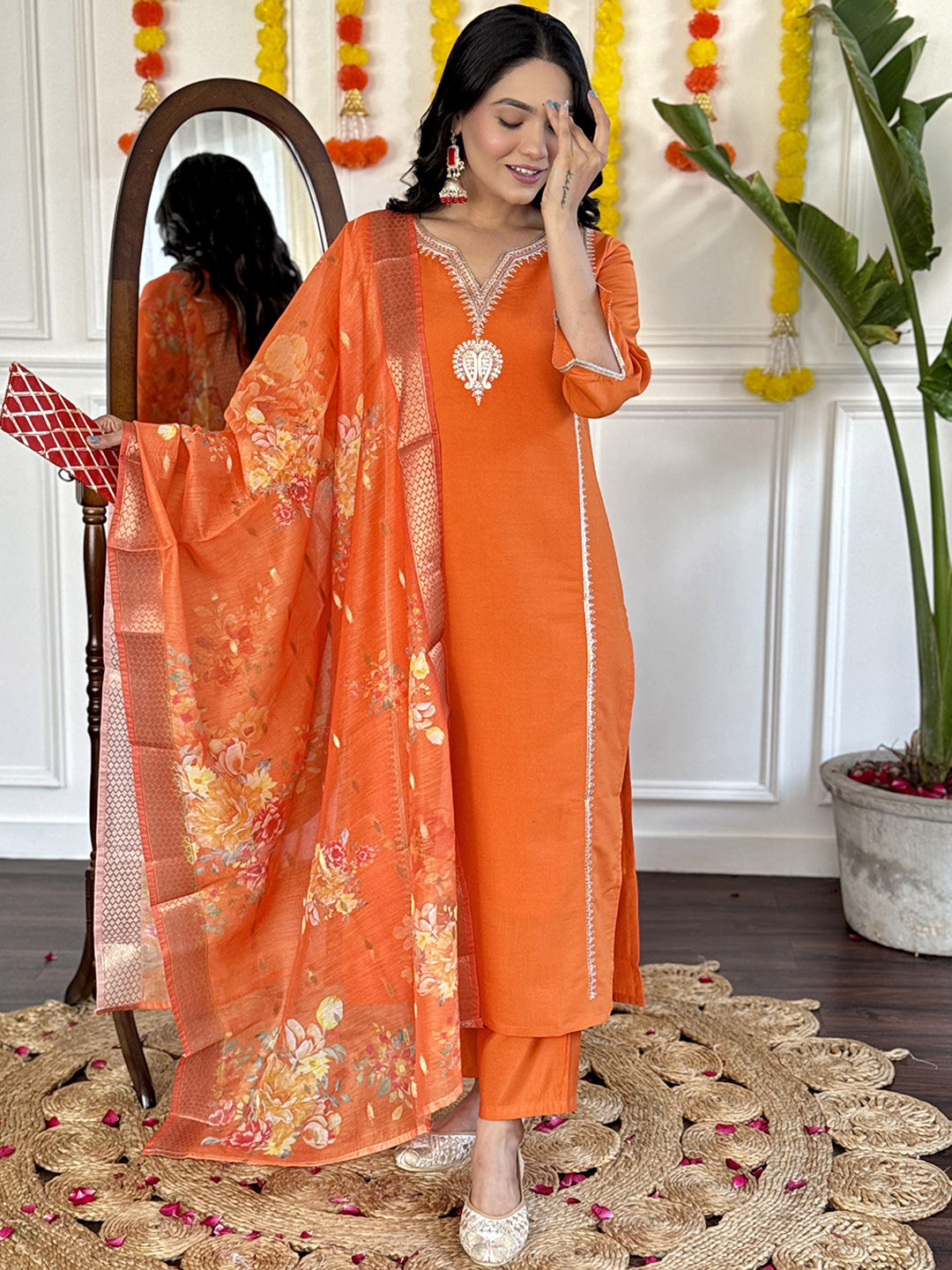 

Moda Rapido Women Floral Embroidered Regular Kurta with Trousers & With Dupatta, Orange