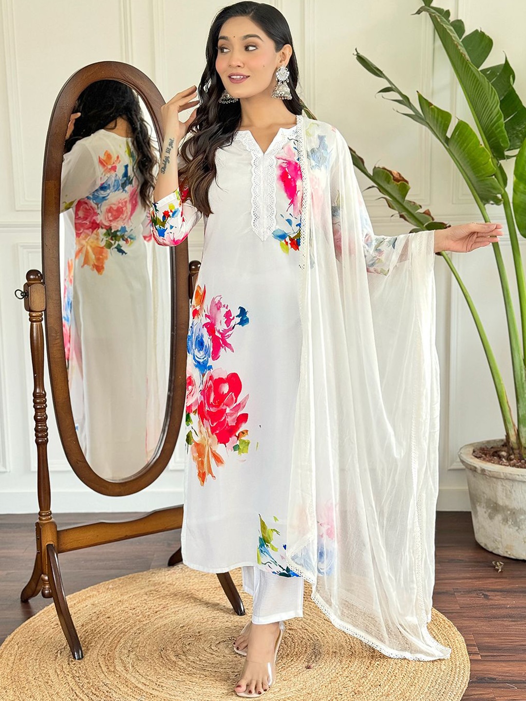 

Moda Rapido Women Embroidered Regular Silk Crepe Kurta with Trousers & With Dupatta, White
