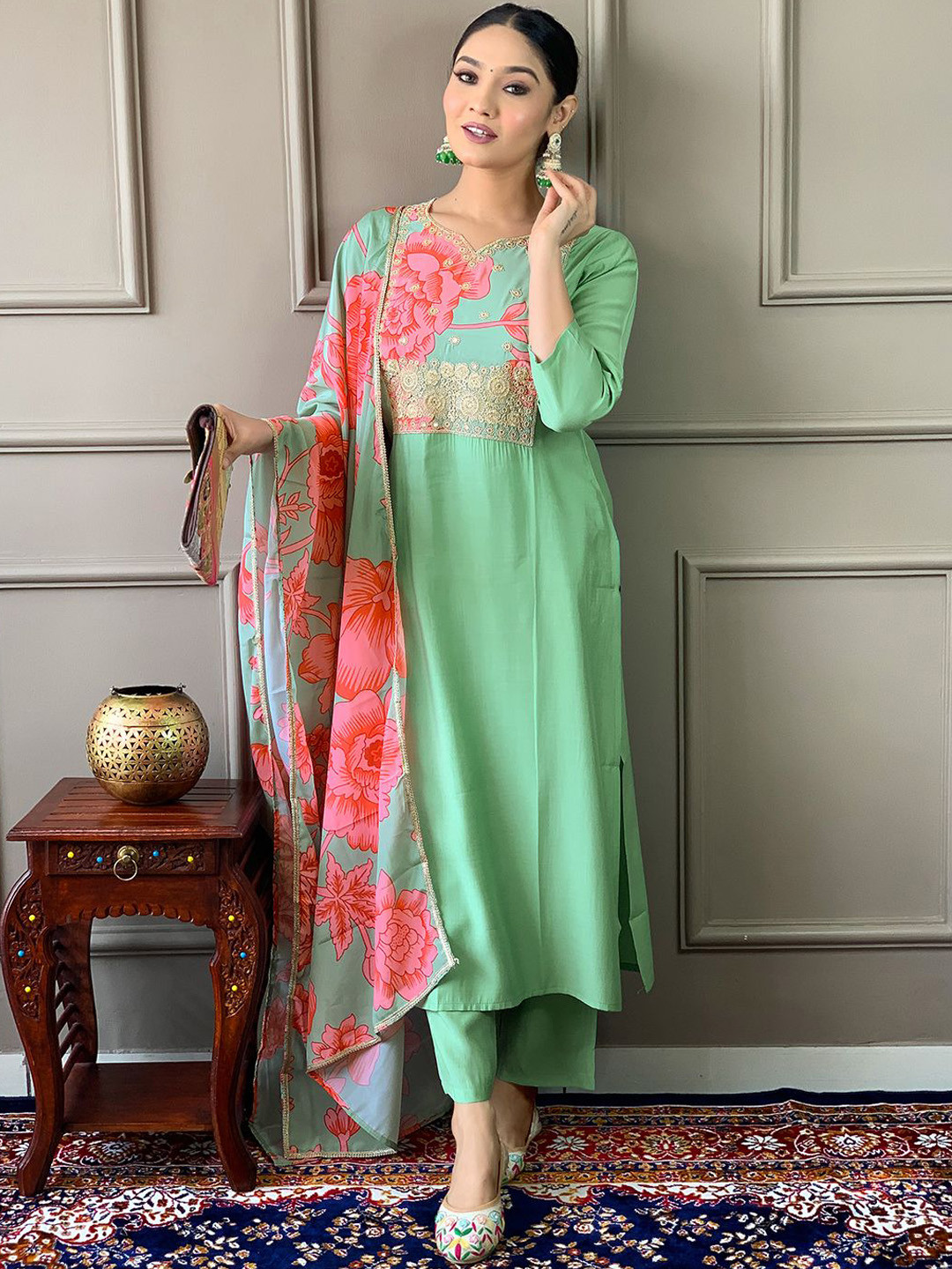 

Moda Rapido Women Embroidered Regular Chanderi Cotton Kurta with Trousers & With Dupatta, Turquoise blue