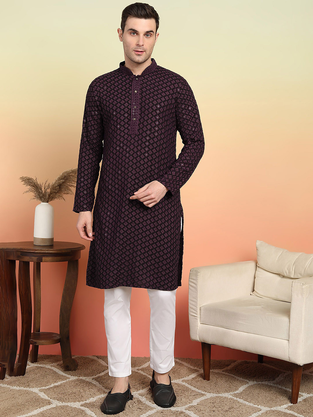 

SWAGG INDIA Geometric Embroidered Mandarin Collar Sequinned Straight Kurta, Purple