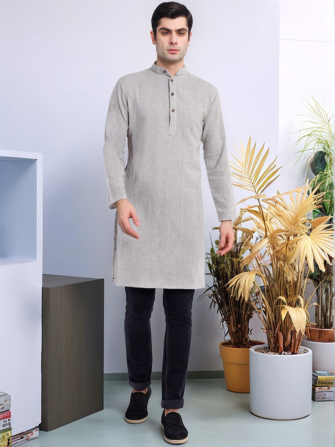 

Moda Rapido Band Collar Cotton Straight Kurta, Off white