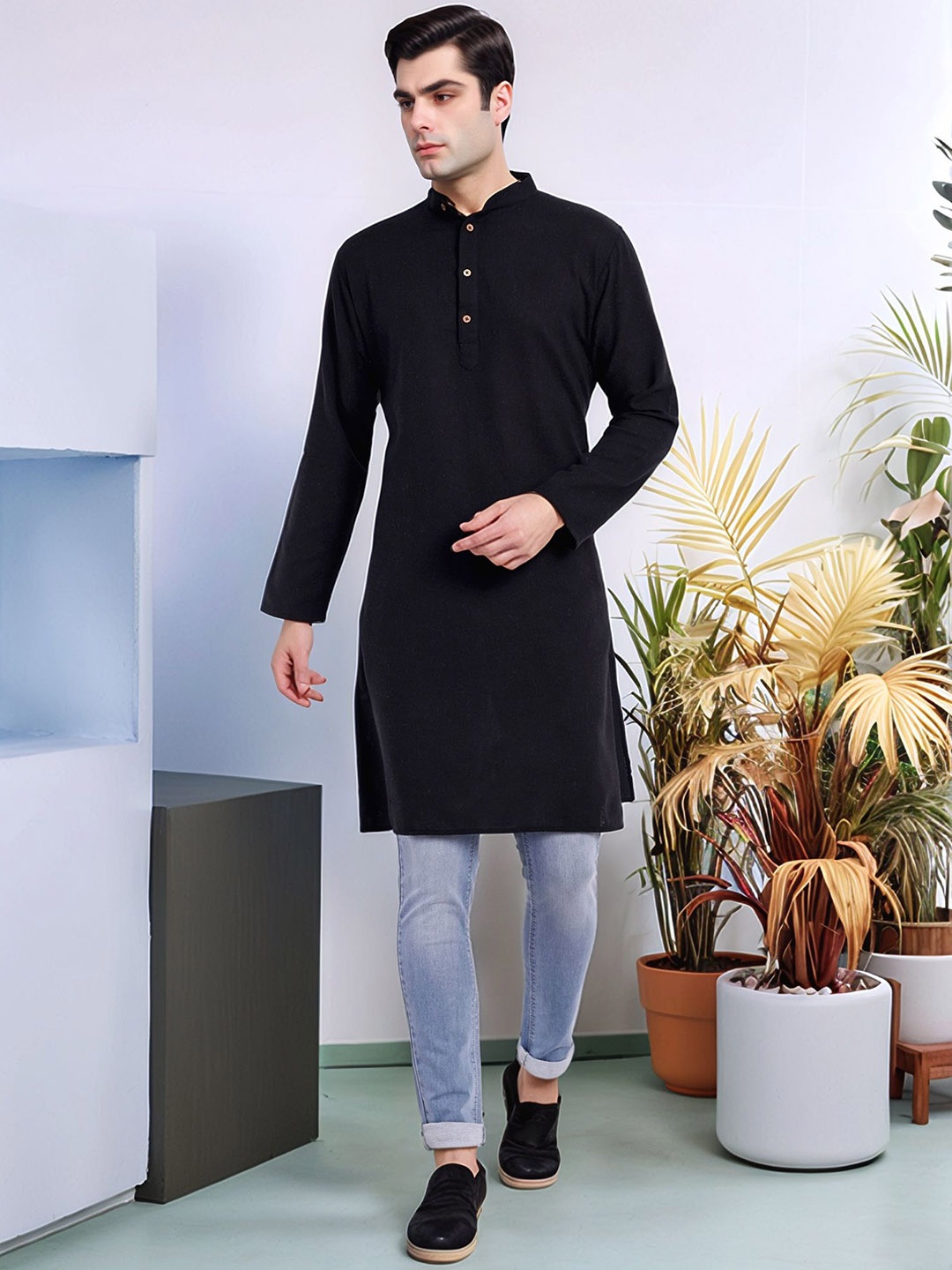 

Moda Rapido Band Collar Cotton Straight Kurta, Black