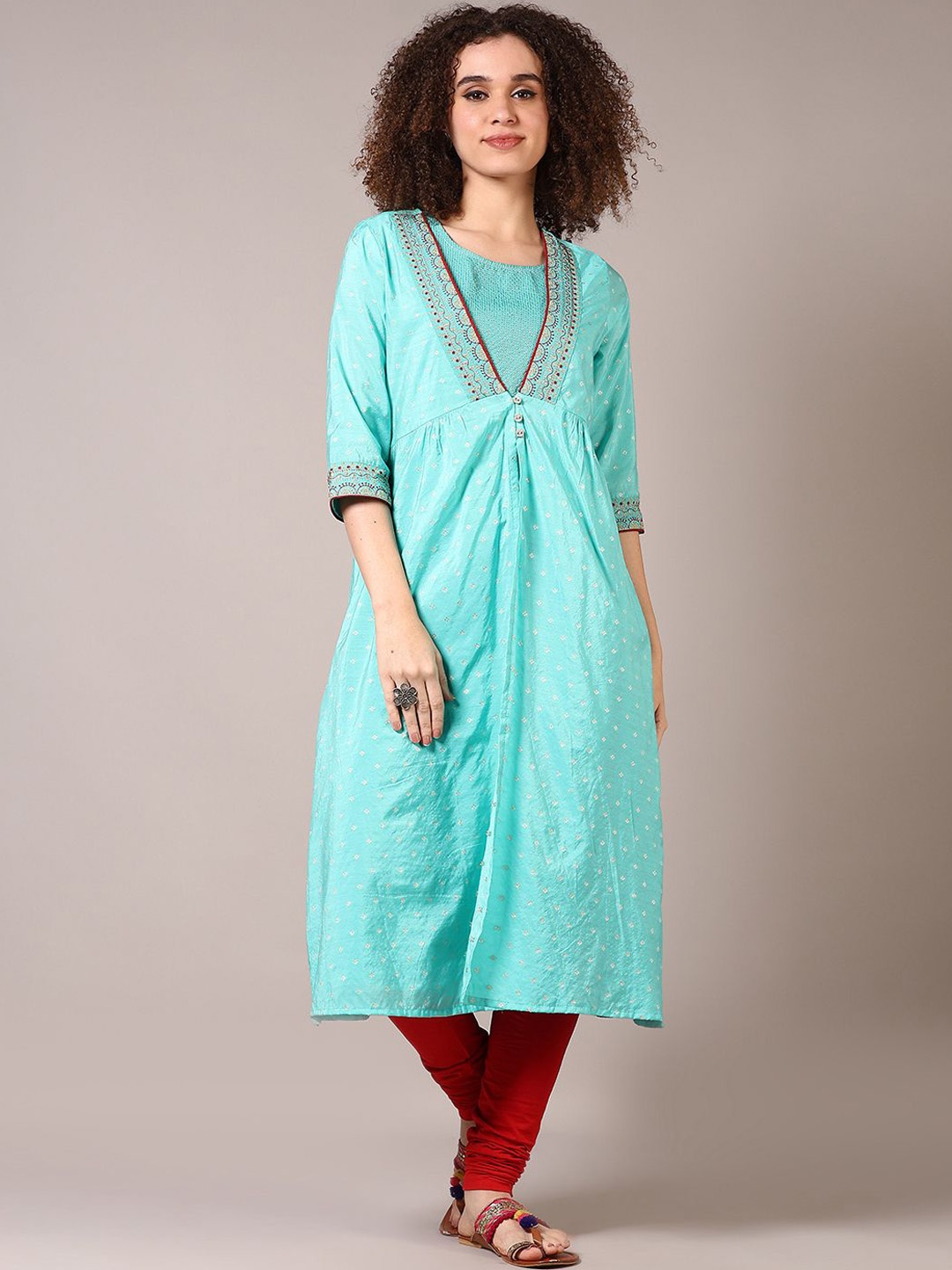 

V-Mart Floral Embroidered Round Neck Sequinned Chanderi Cotton A-Line Kurta, Green