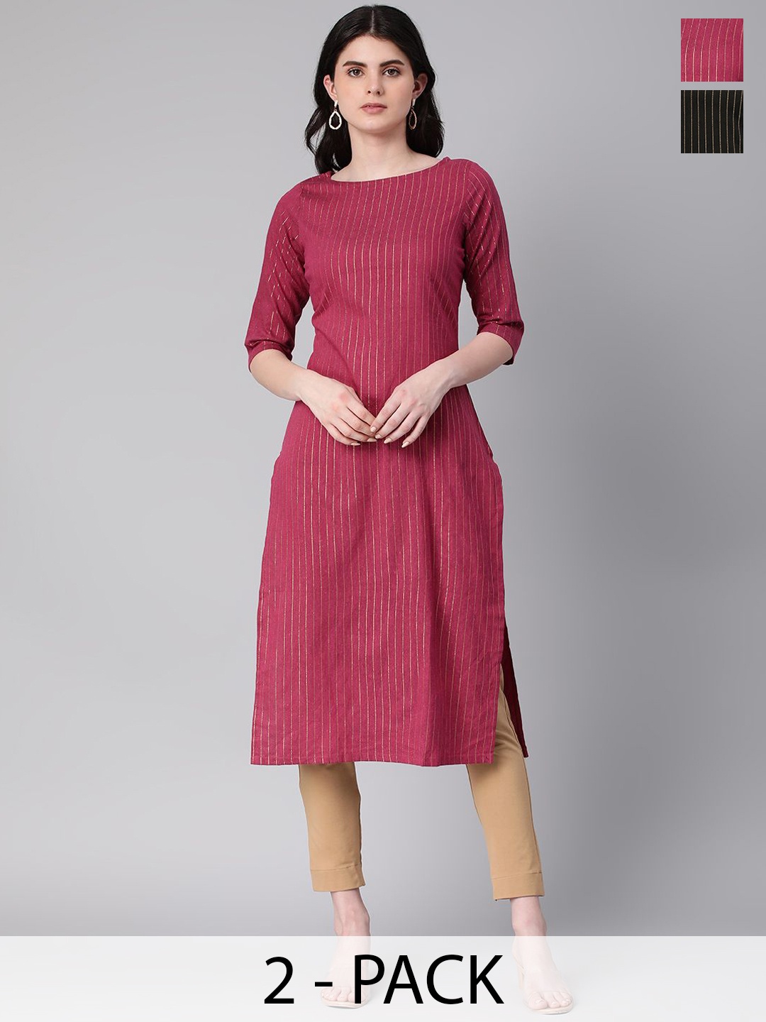

KALINI Selection Of 2 Striped Round Neck Straight Kurtas, Maroon