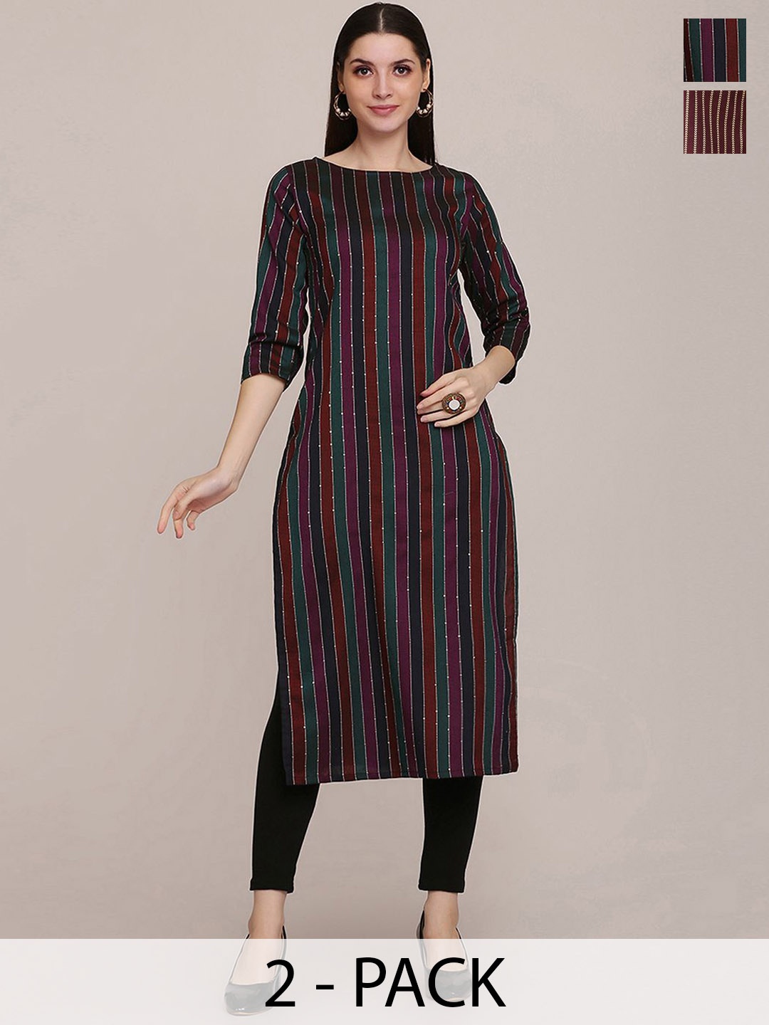 

KALINI Selection Of 2 Striped Round Neck Straight Kurtas, Green