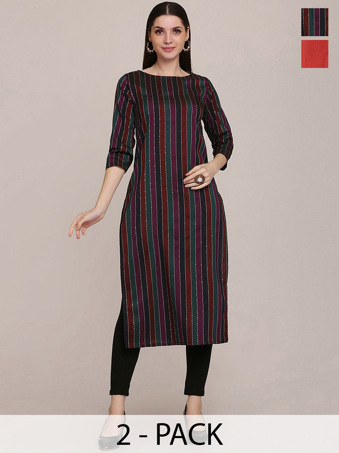 

KALINI Selection Of 2 Striped Round Neck Straight Kurtas, Green