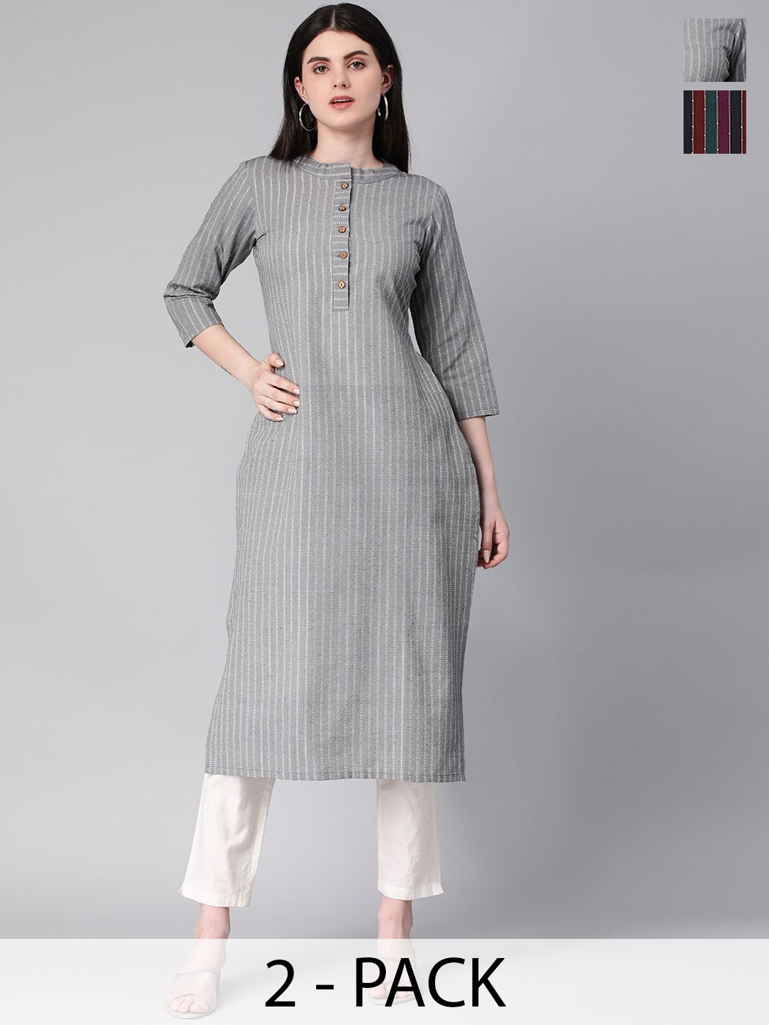 

KALINI Women Striped Kurta, Grey