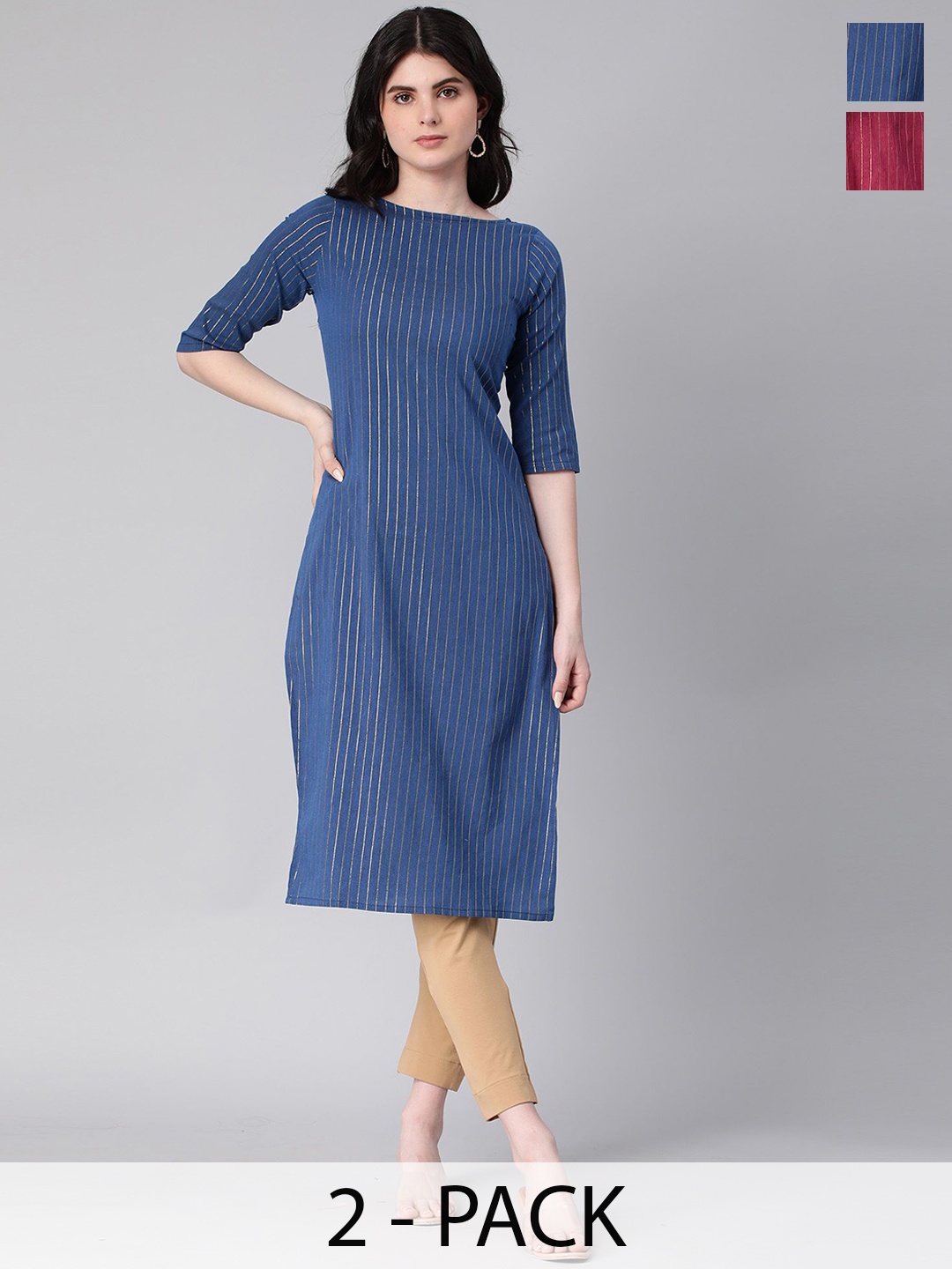 

KALINI Selection Of 2 Striped Round Neck Straight Kurtas, Navy blue