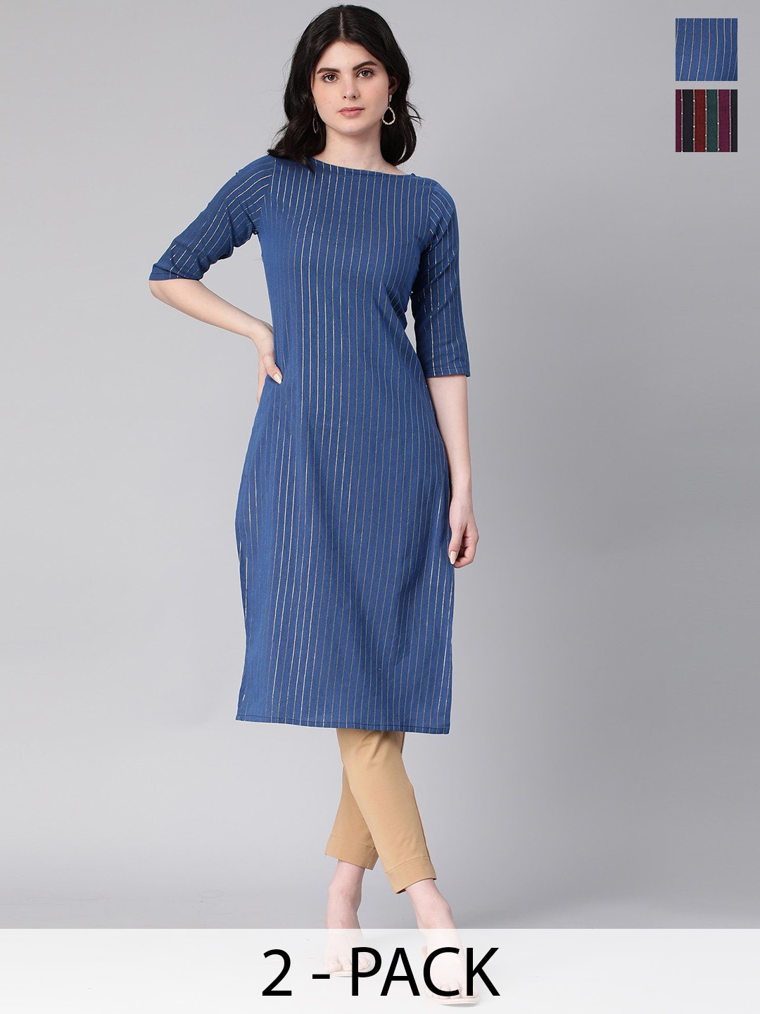 

KALINI Selection Of 2 Striped Round Neck Straight Kurtas, Navy blue