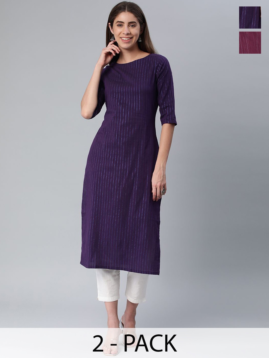 

KALINI Selection Of 2 Striped Round Neck Straight Kurtas, Navy blue
