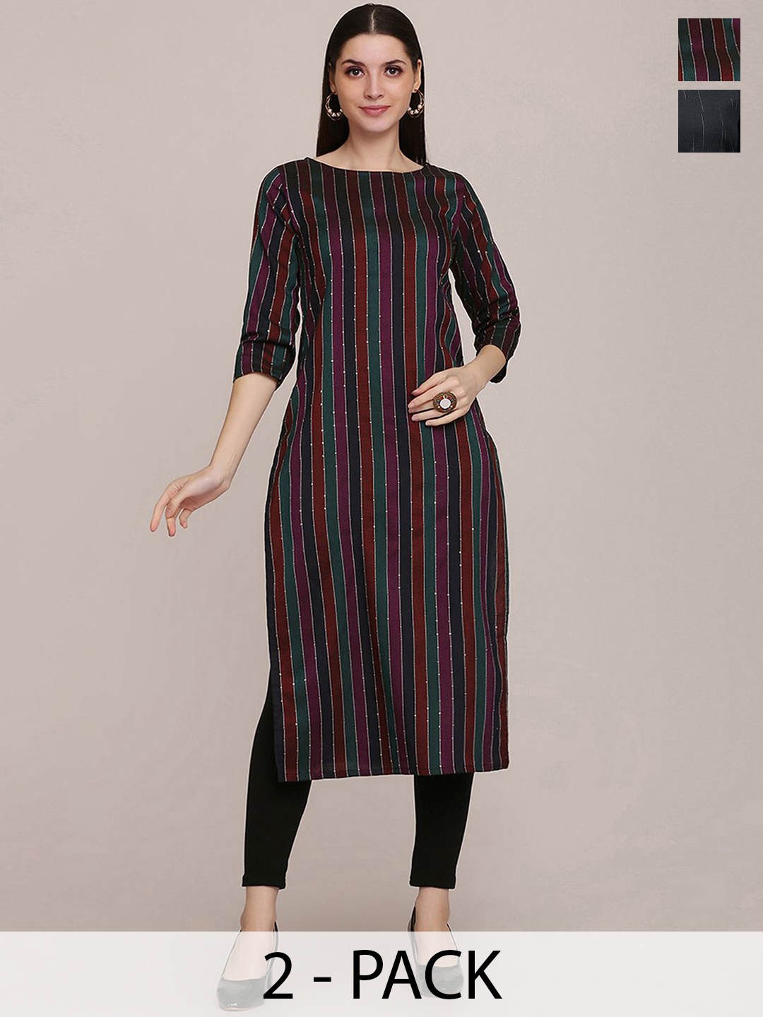 

KALINI Selection Of 2 Striped Round Neck Straight Kurtas, Green