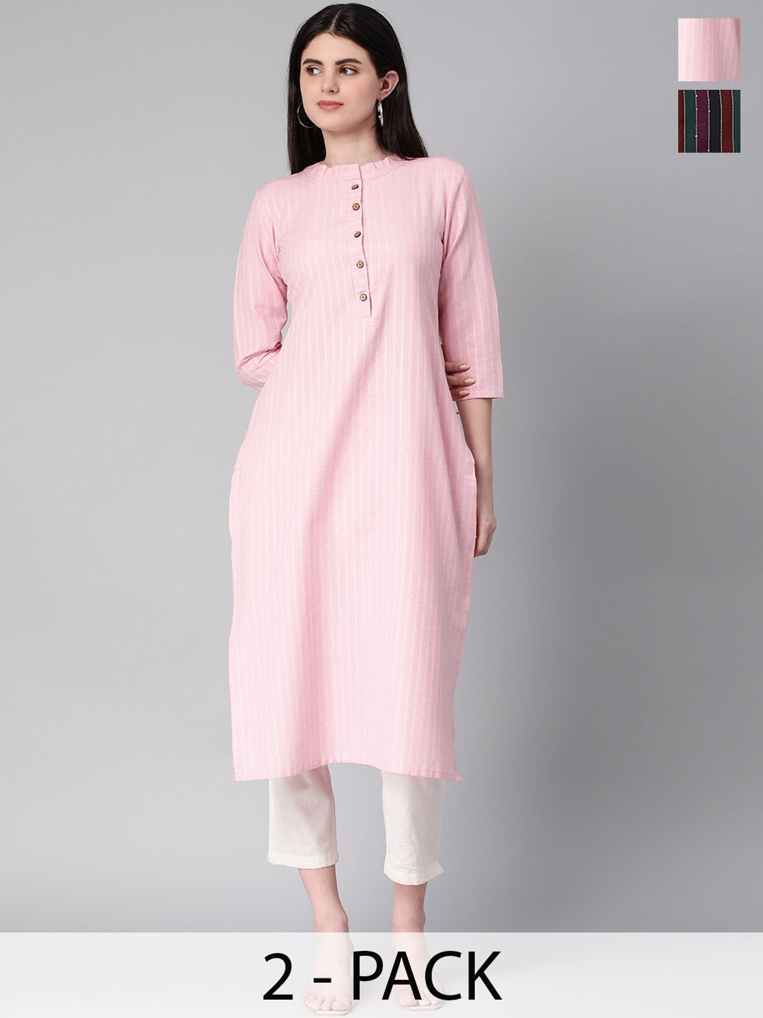 

KALINI Selection Of 2 Striped Round Neck Straight Kurtas, Pink