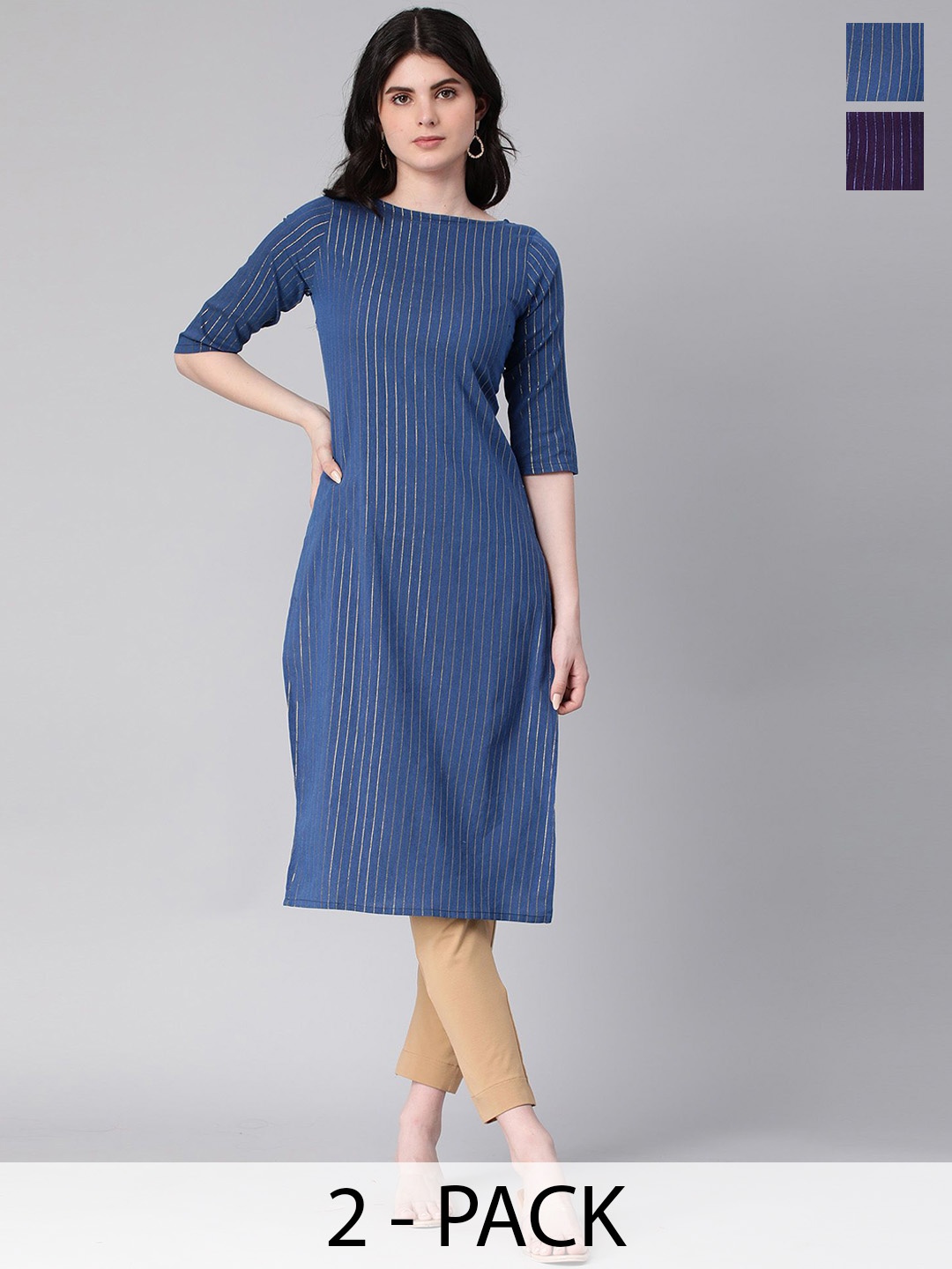 

KALINI Selection Of 2 Striped Round Neck Straight Kurtas, Blue