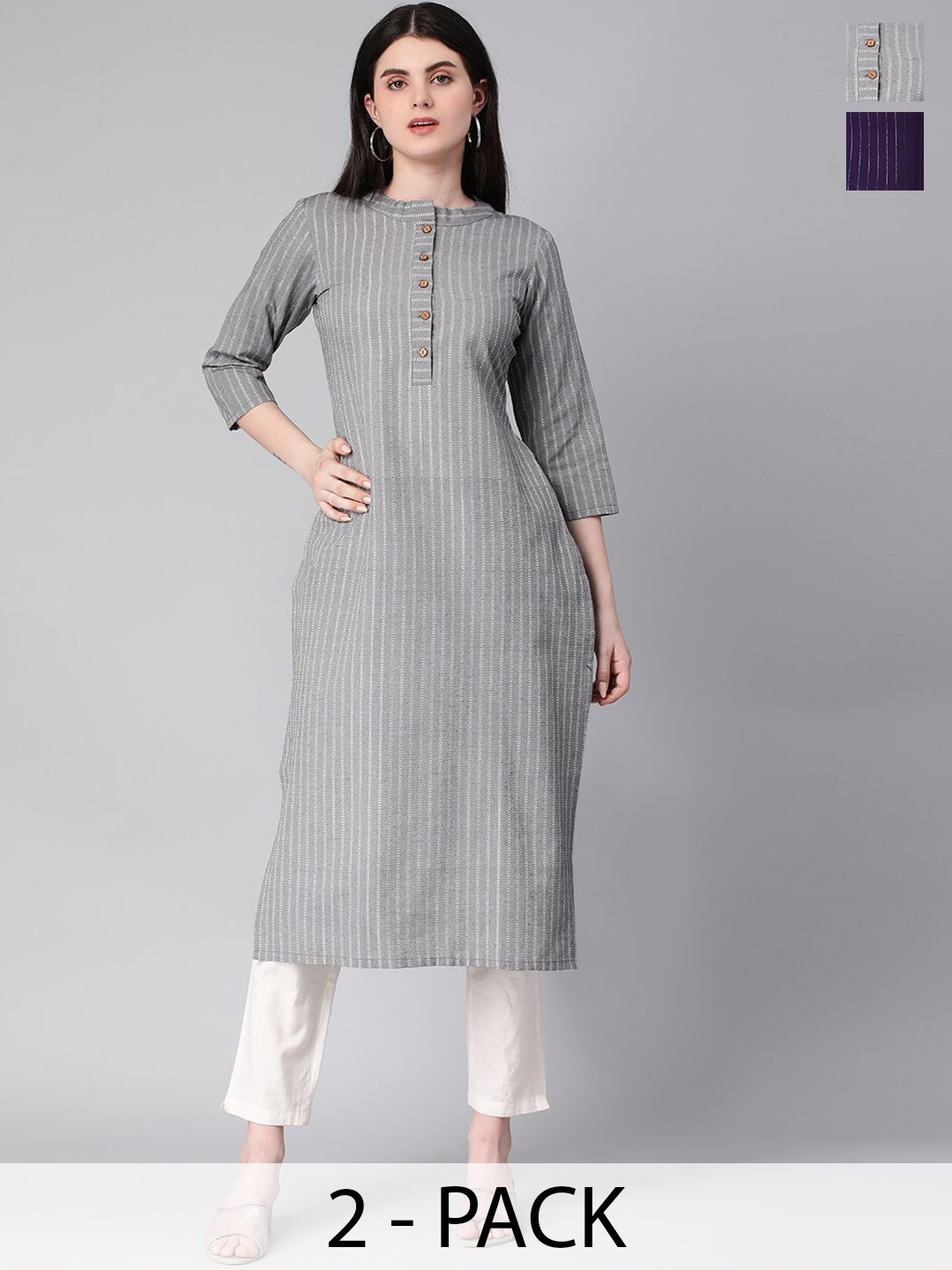 

KALINI Selection Of 2 Striped Round Neck Straight Kurtas, Grey
