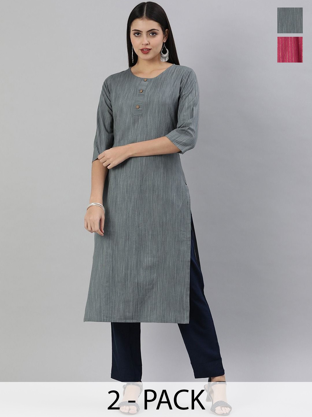 

KALINI Selection Of 2 Round Neck Straight Kurtas, Charcoal