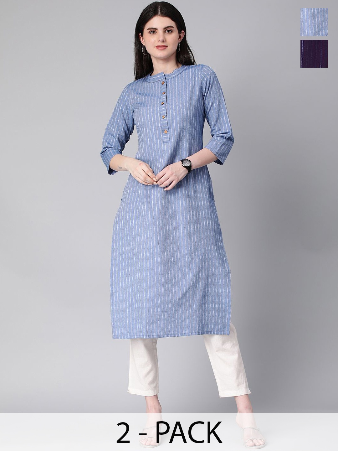 

KALINI Selection Of 2 Striped Round Neck Straight Kurtas, Blue