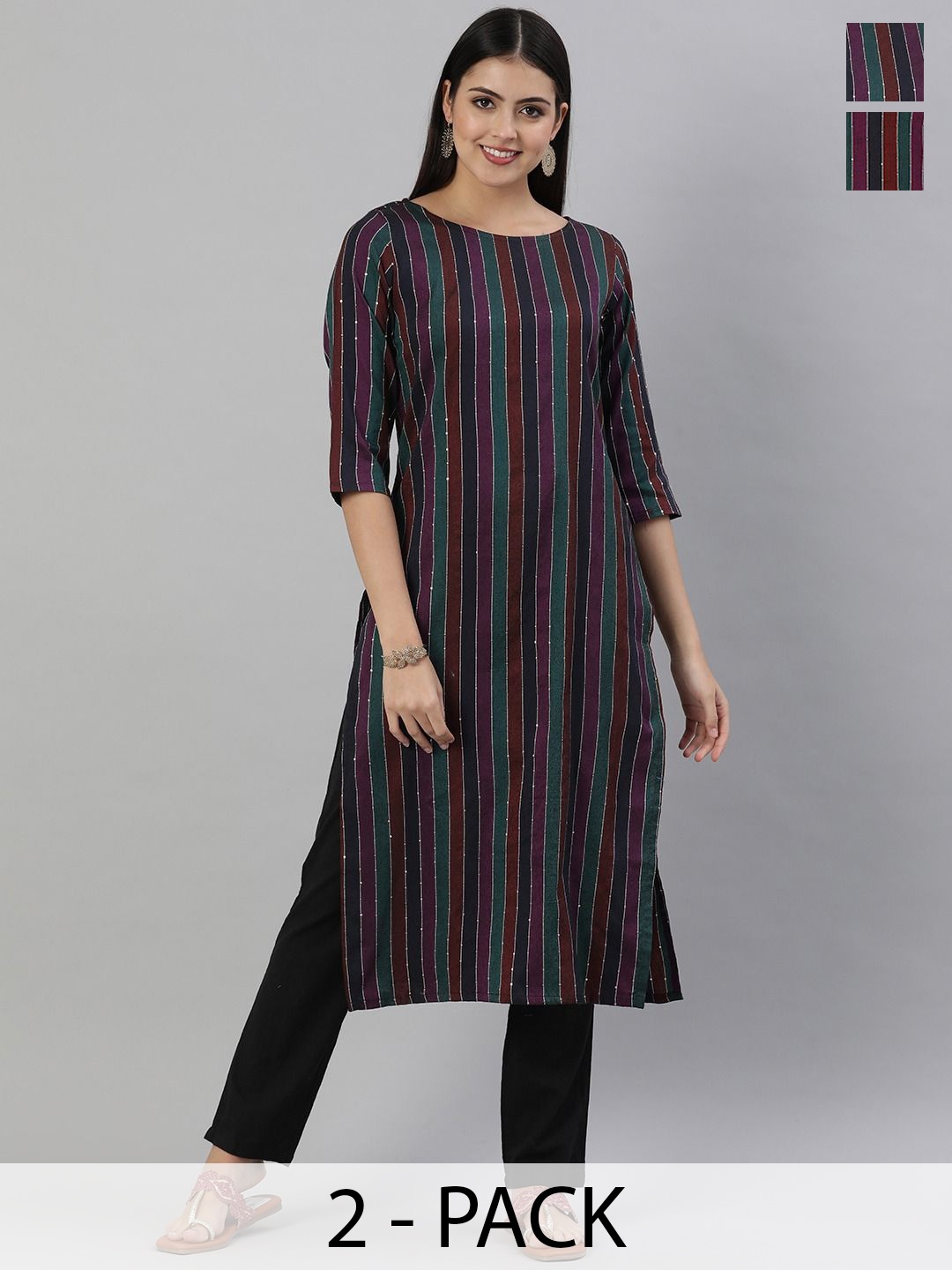 

KALINI Selection Of 2 Striped Round Neck Straight Kurtas, Green