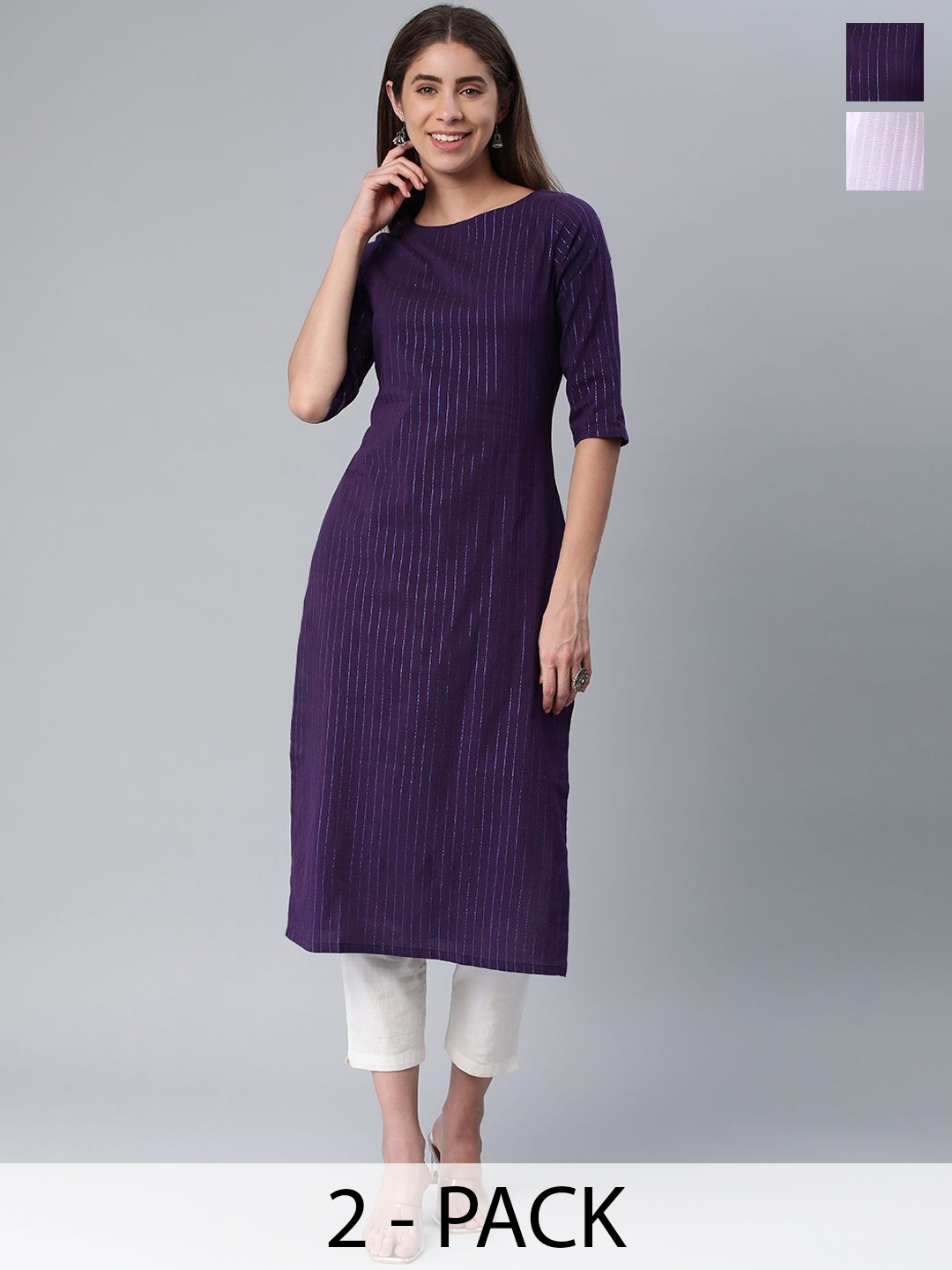 

KALINI Selection Of 2 Striped Round Neck Straight Kurtas, Lavender
