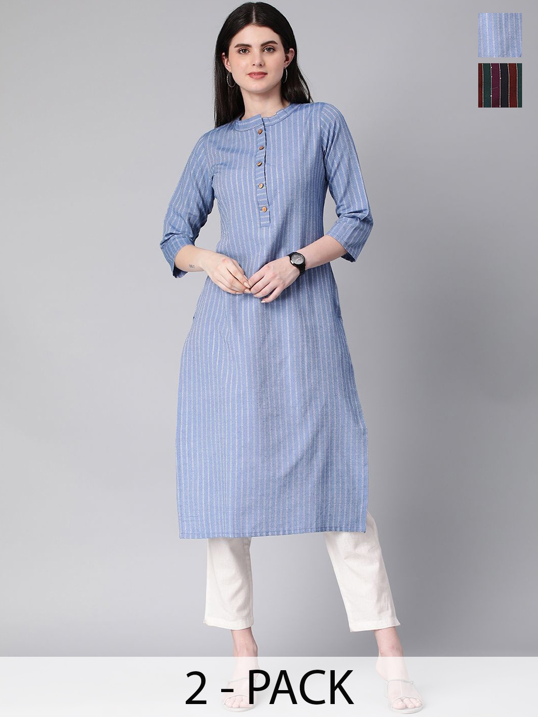 

KALINI Selection Of 2 Striped Mandarin Collar Straight Kurtas, Blue