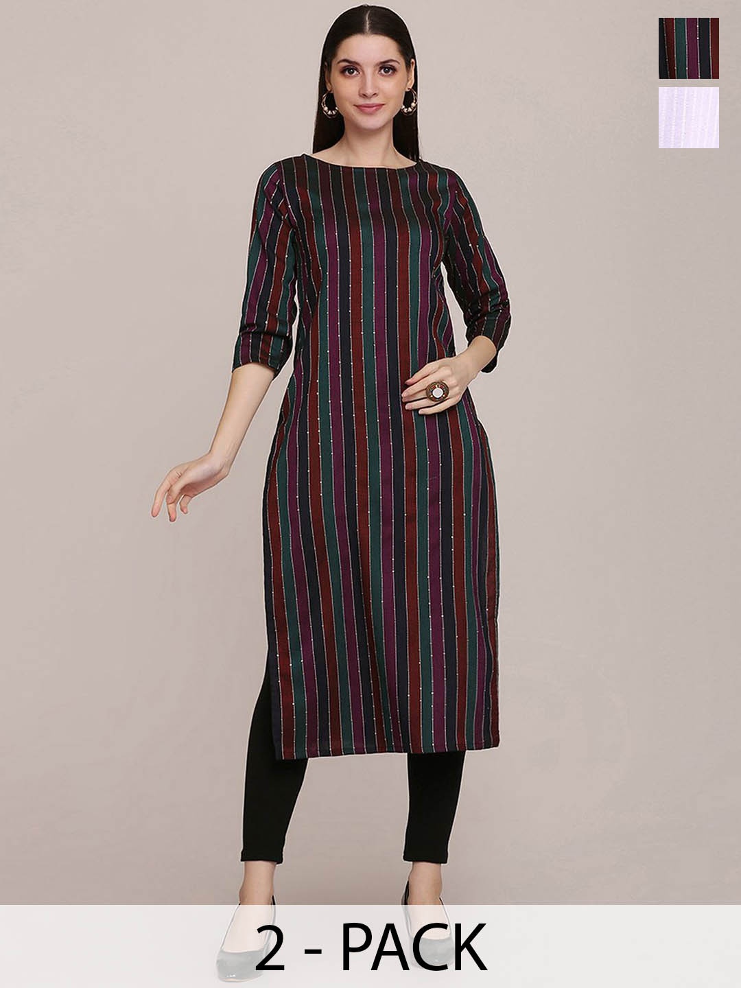 

KALINI Selection Of 2 Striped Round Neck Straight Kurtas, Green