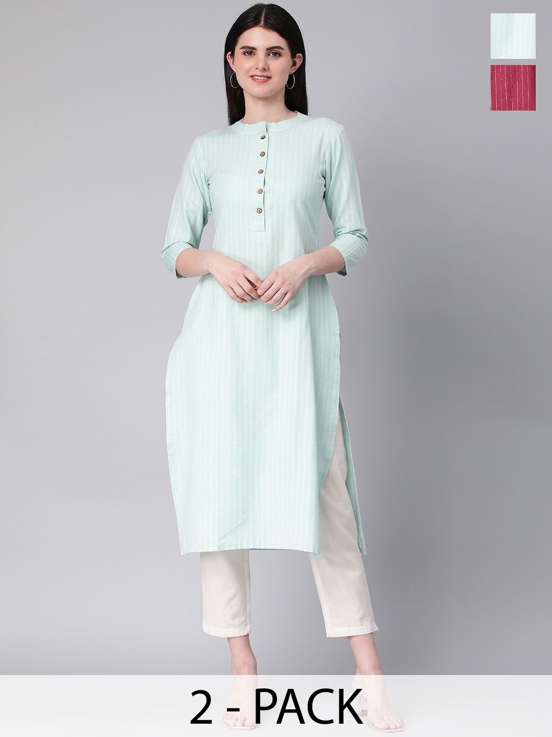 

KALINI Selection Of 2 Striped Mandarin Collar Straight Kurtas, Green