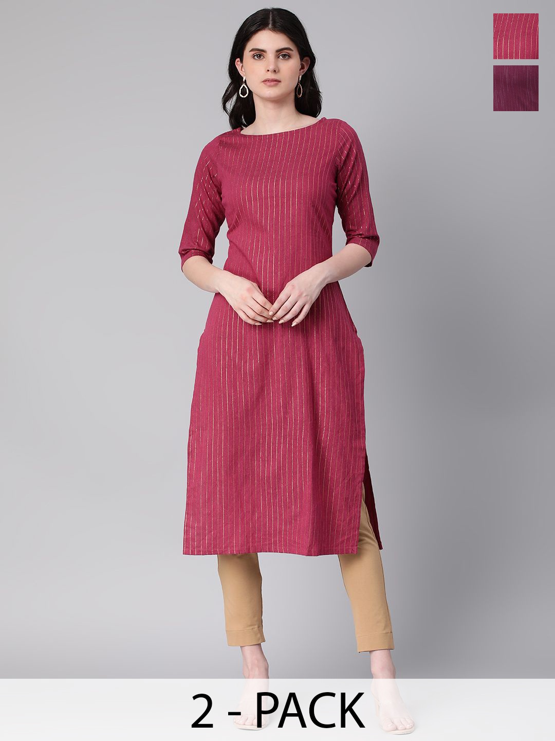 

KALINI Selection Of 2 Striped Round Neck Straight Kurtas, Red