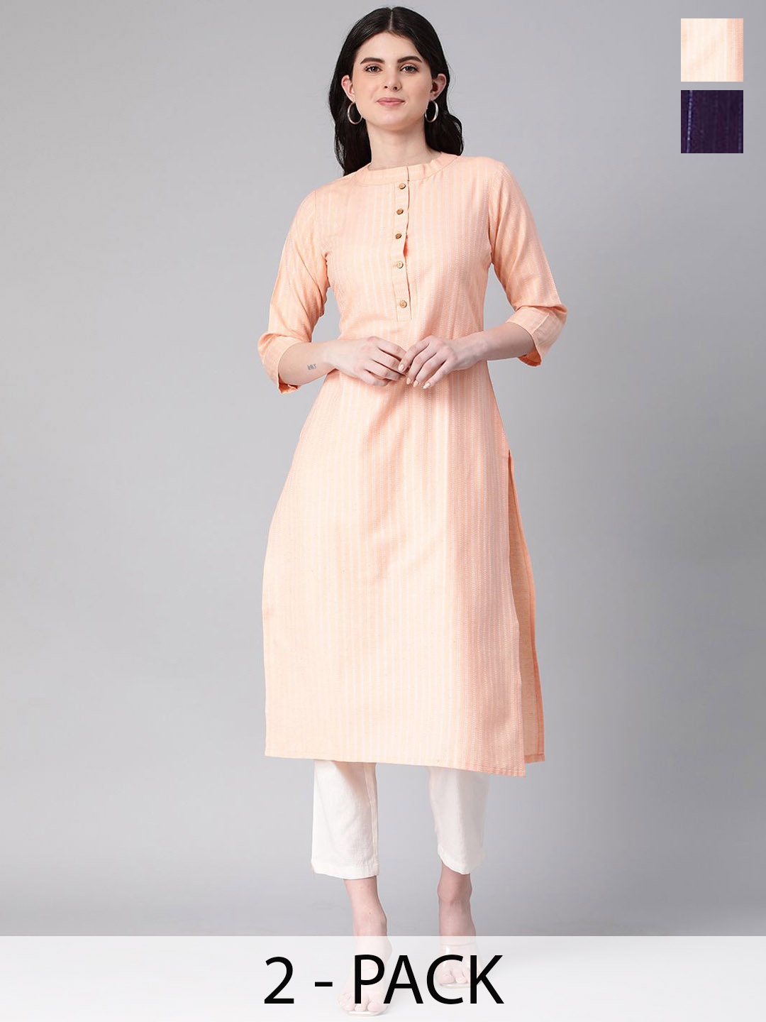

KALINI Selection Of 2 Striped Mandarin Collar Straight Kurtas, Peach