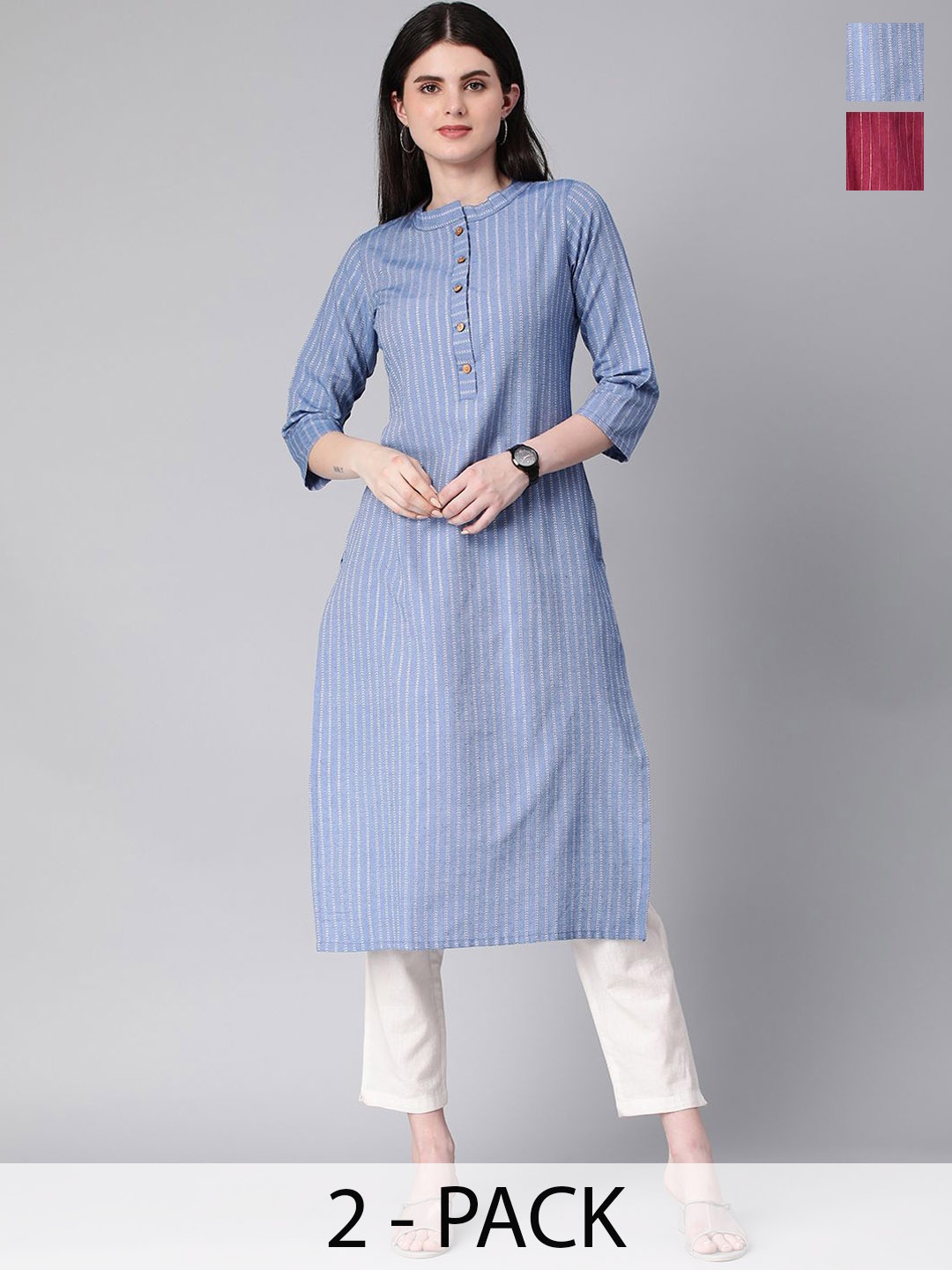 

KALINI Selection Of 2 Striped Printed Cotton Mandarin Collar Straight Kurta, Blue