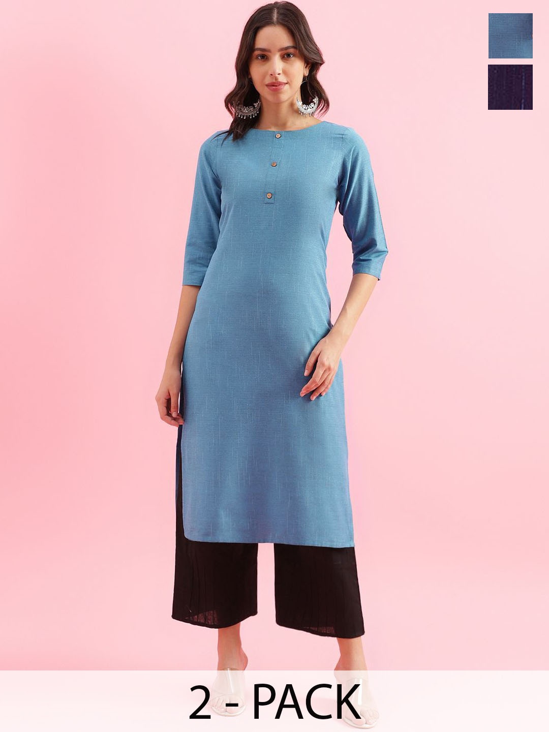 

KALINI Selection Of 2 Striped Printed Cotton Round Neck Straight Kurta, Blue