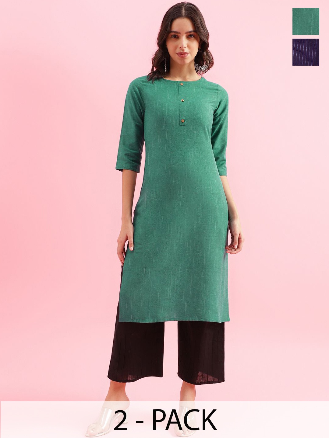 

KALINI Selection Of 2 Striped Printed Cotton Round Neck Straight Kurta, Green