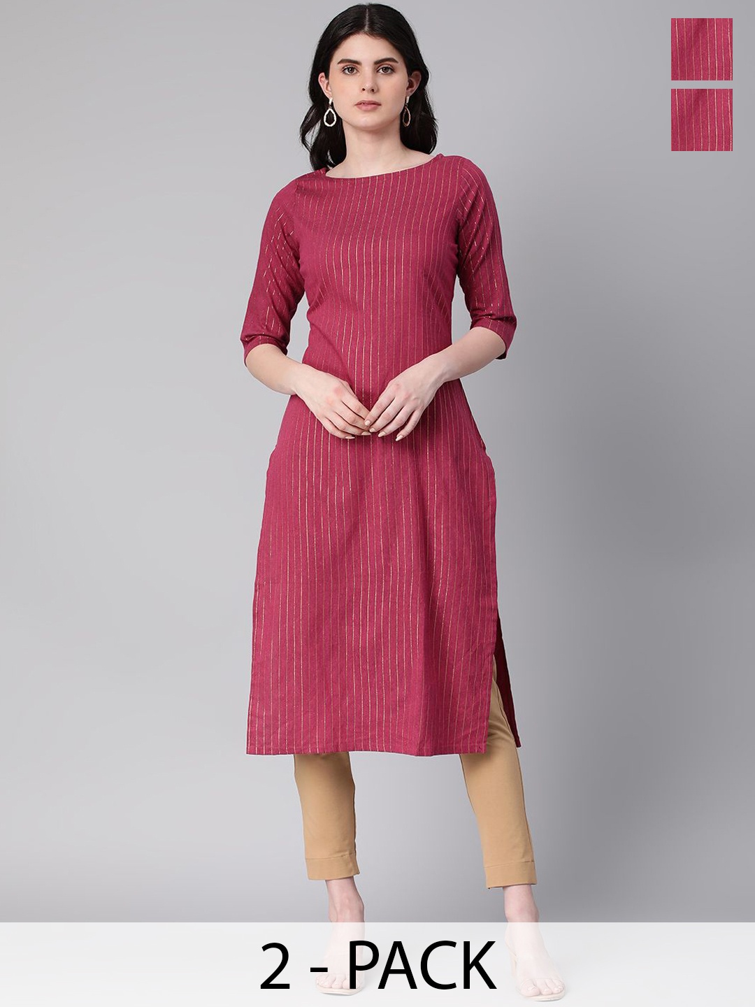

KALINI Selection Of 2 Striped Round Neck Straight Kurtas, Red