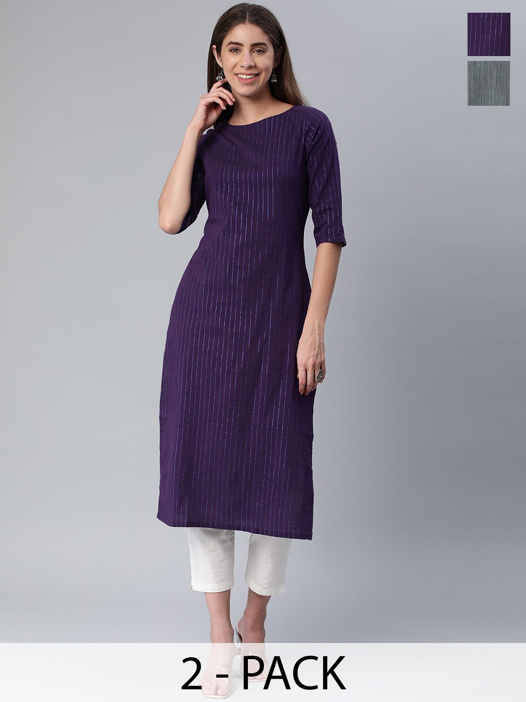 

KALINI Selection Of 2 Striped Round Neck Straight Kurtas, Violet