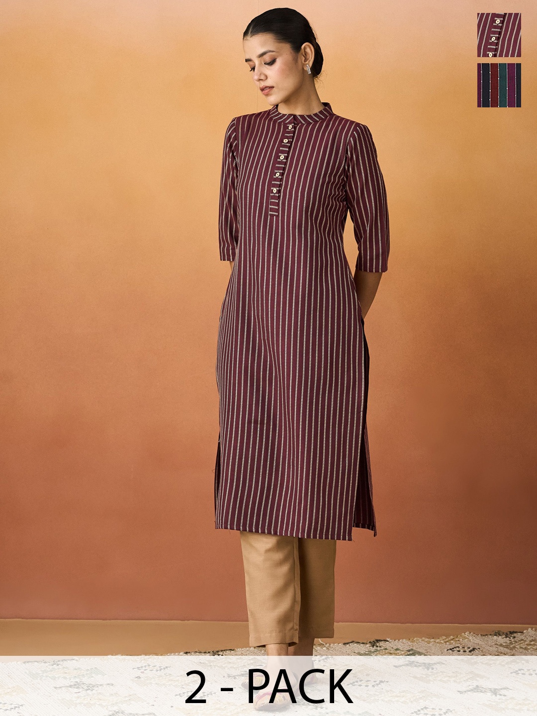 

KALINI Selection Of 2 Striped Mandarin Collar Straight Kurtas, Maroon