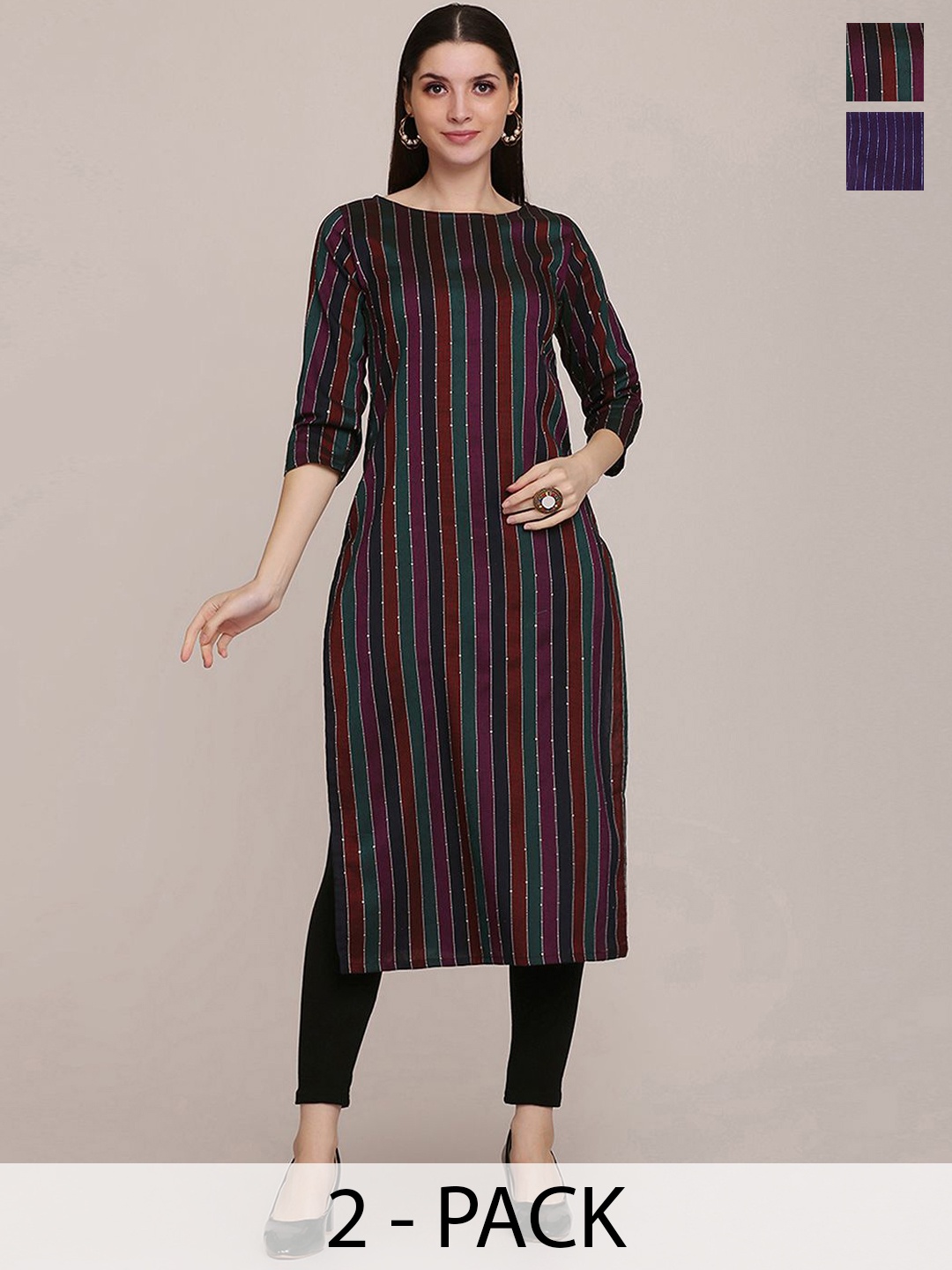 

KALINI Selection Of 2 Striped Round Neck Straight Kurtas, Purple