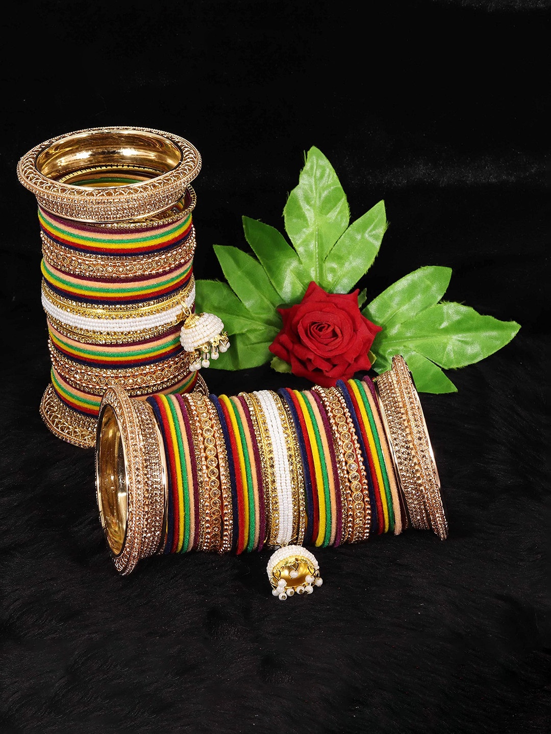 

ZULKA Set Of 82 Cubic Zirconia-Studded & Beaded Bangles, Gold