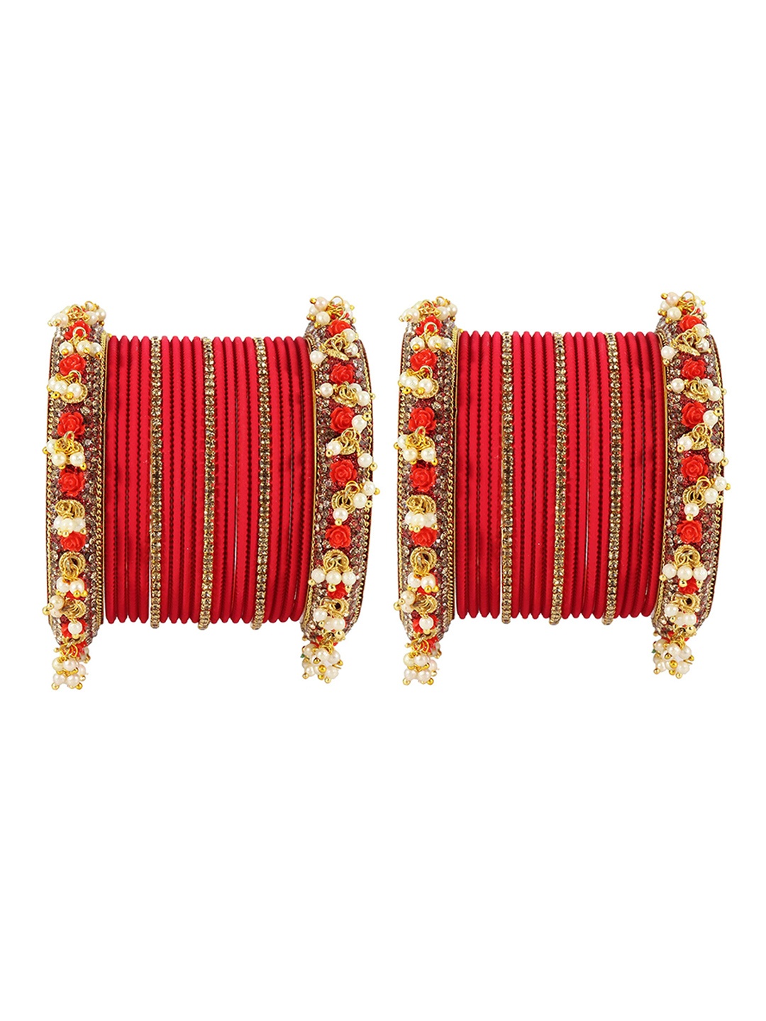 

ZULKA Set Of 42 Zircon Stone-Studded & Beaded Bangles, Red