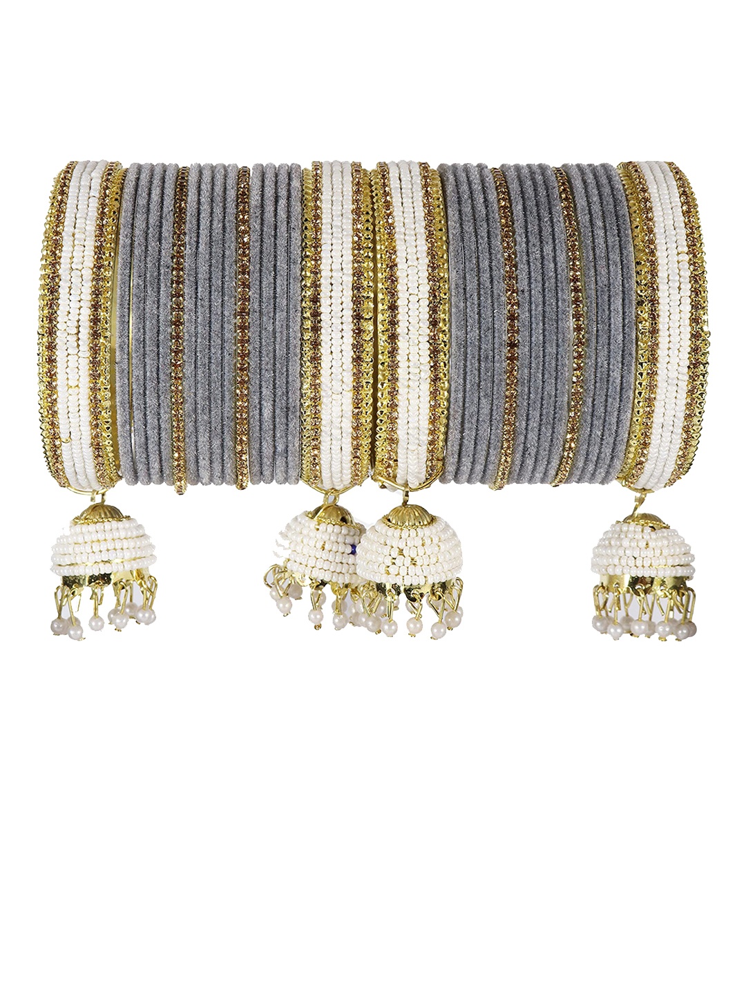

ZULKA Set Of 32 Zircon Gemstone-Studded & Beaded Latkan Bangles, Grey