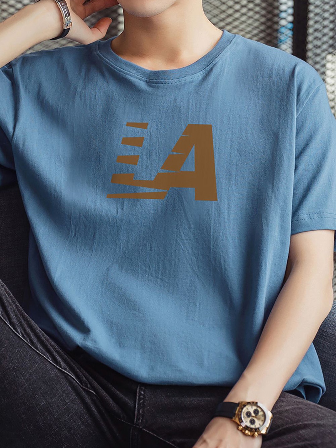 StyleCast x Revolte Men Typography Printed Raw Edge T-shirt, Blue