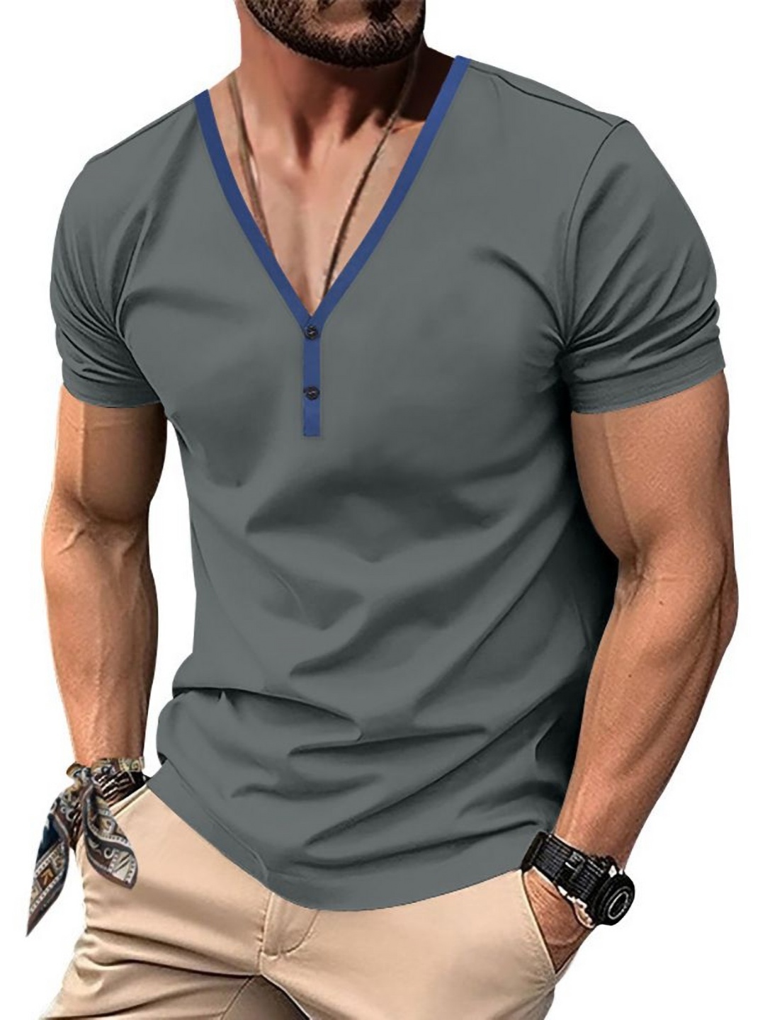 

StyleCast x Revolte Men V-Neck Raw Edge T-shirt, Grey