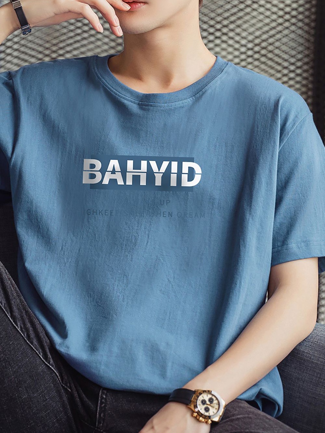 StyleCast x Revolte Men Typography Printed Raw Edge T-shirt, Blue