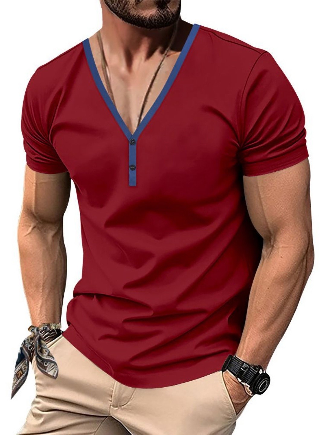 

StyleCast x Revolte Men V-Neck Raw Edge T-shirt, Red