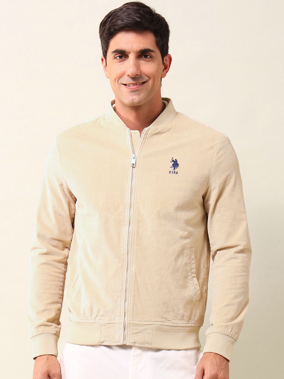 

U.S. Polo Assn. Men Brand Logo Bomber Jacket, Beige