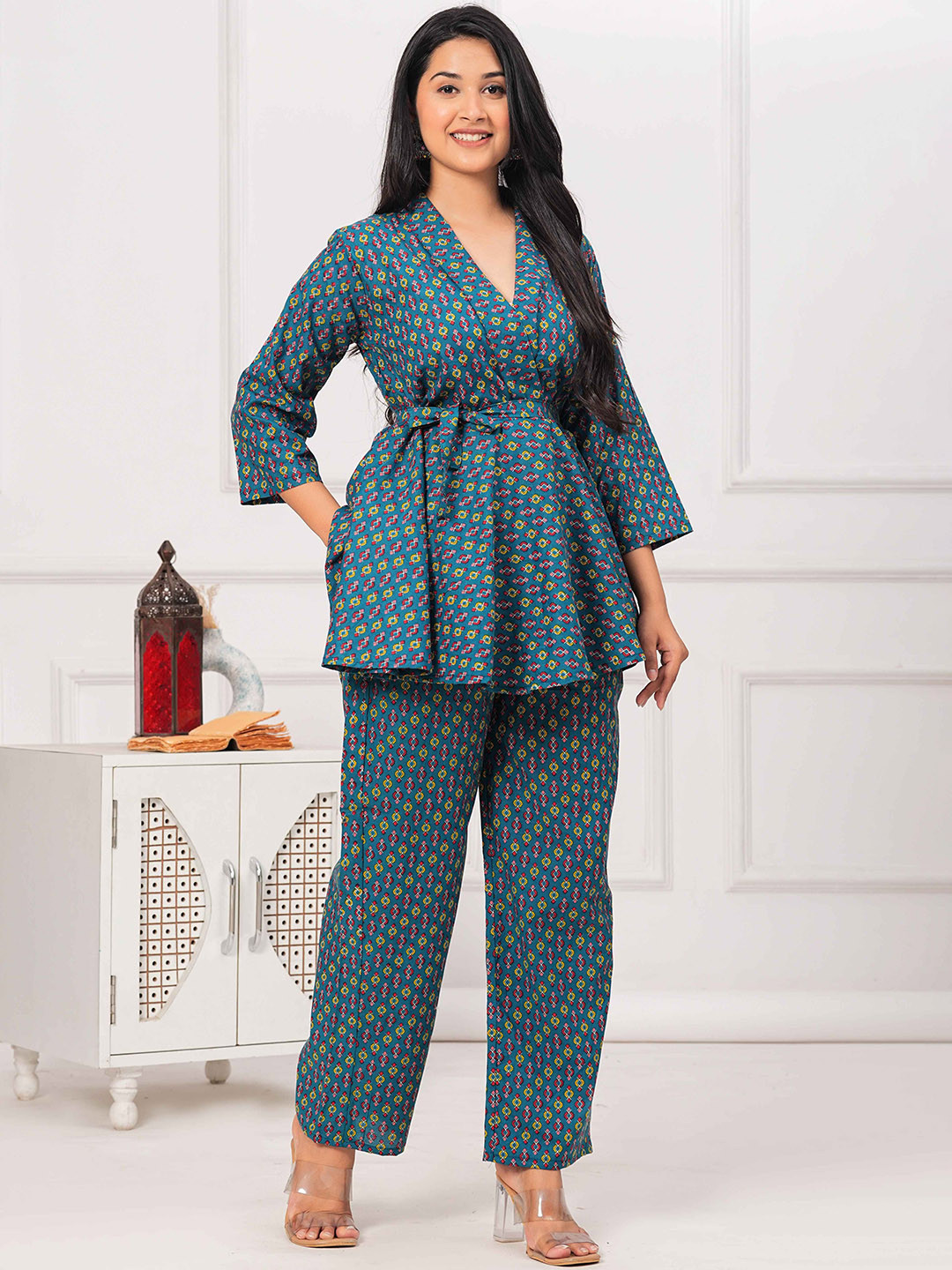 

Fabmoha Printed Pure Cotton Top With Trousers Co-Ords, Blue