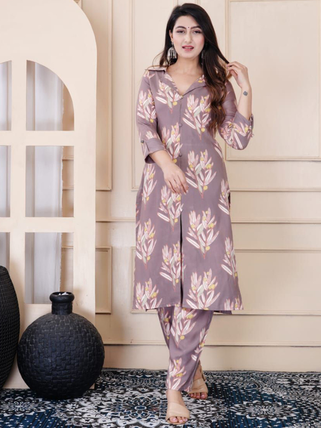 

Fabmoha Printed Tunic With Trouser Co-Ords, Brown